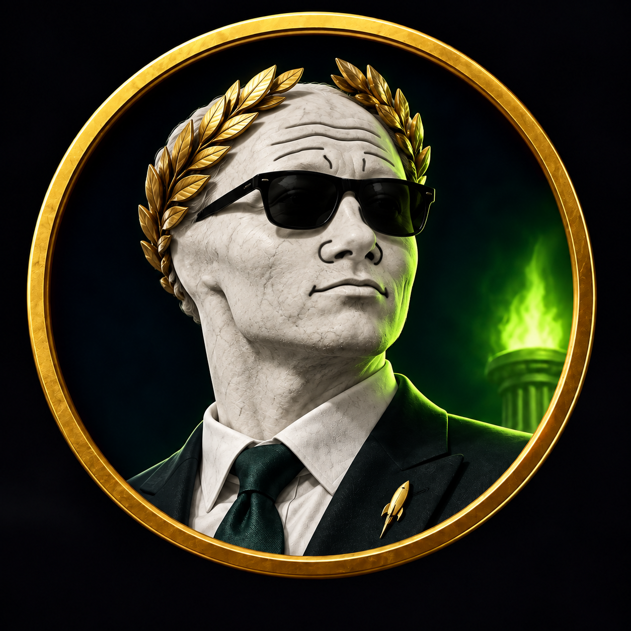 Wojak Boner character artwork with sunglasses, a black suit and a gold frame